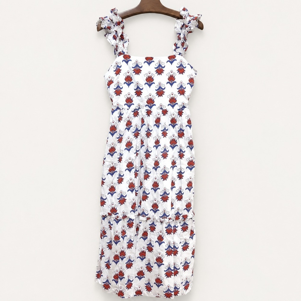 J.Crew Dress Size 6 Cotton White Print Ruffle Sleeve Cottagecore Beach Resort